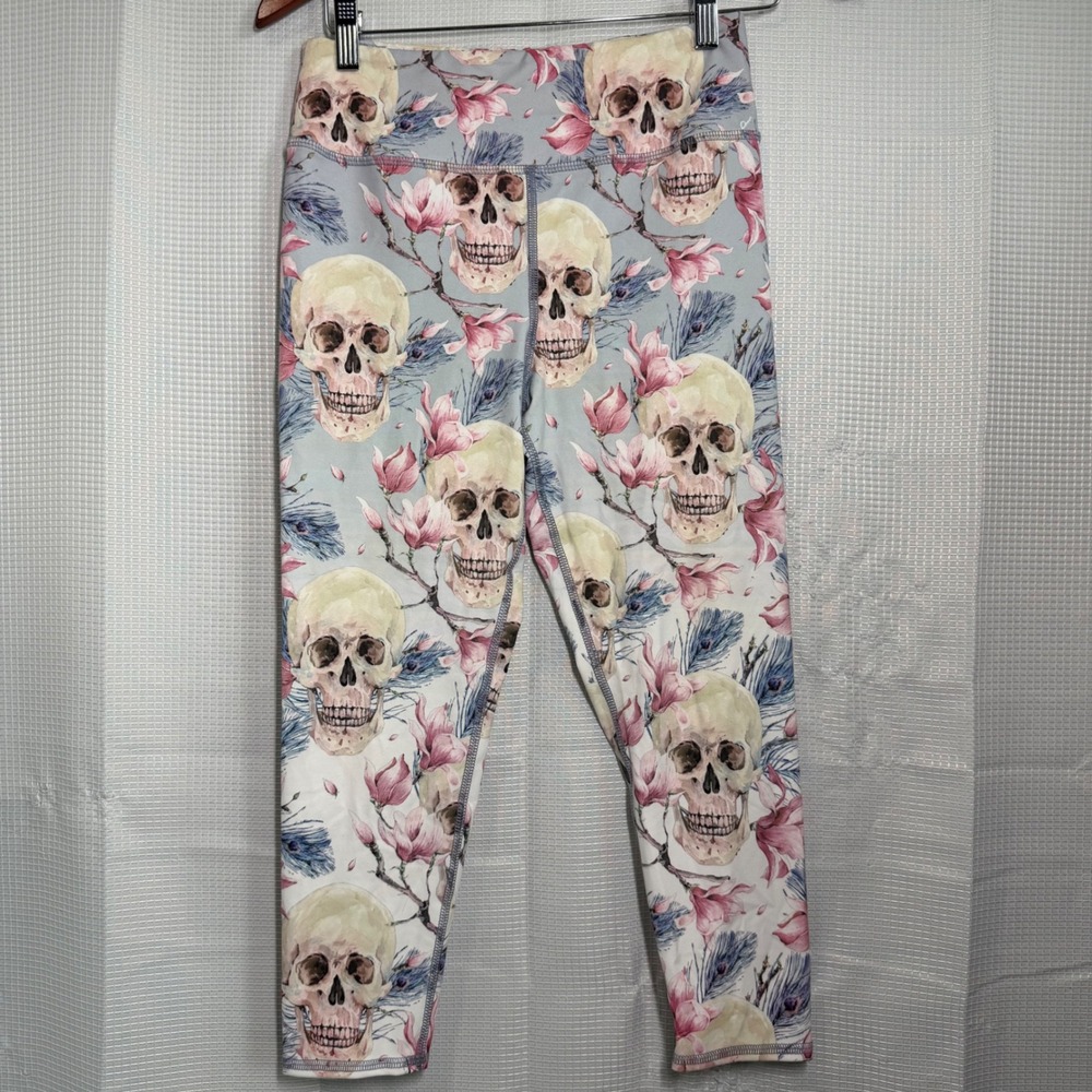 EVCR Evolution and‎ Creation Leggings Large Gray Skull Floral Print Cropped